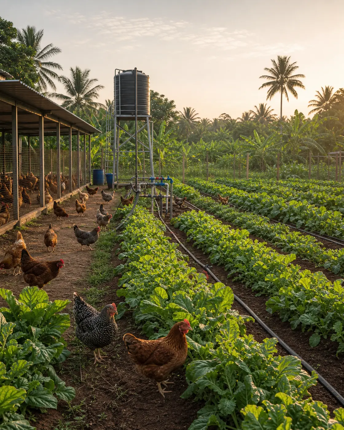 Champ de légumes et poules en plein air à MSK Matadi-Mayo